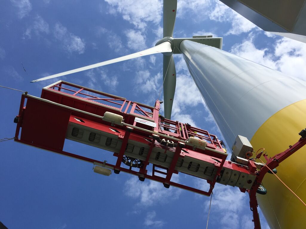 Rotos 360 working on wind turbine repair from a platform.